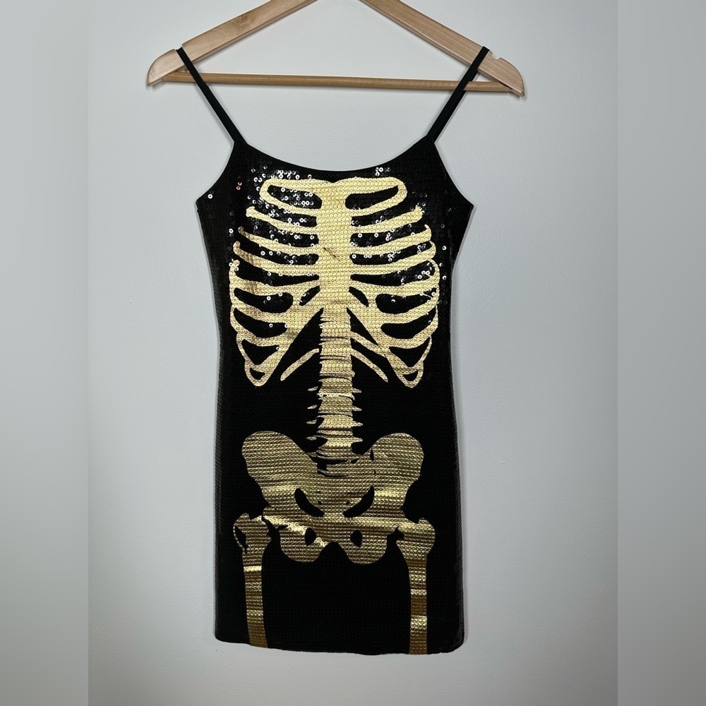 H&M Black and Gold Skeleton Sequin Mini Dress XS